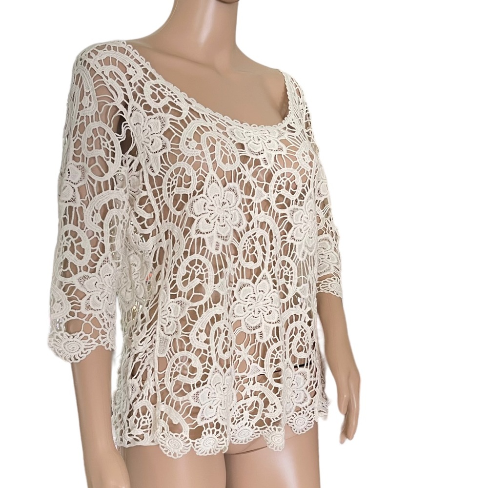 Ellison   Ivory Cotton Floral Crochet Top w 3/4 Sleeves   Size Medium